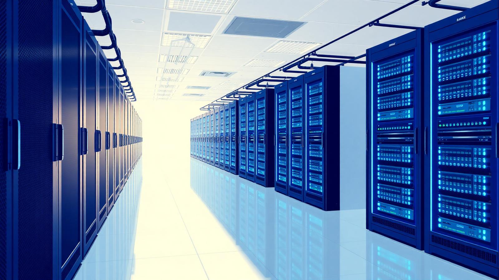 Data center corporativo com racks de servidores e luzes azuis representando infraestrutura de TI
