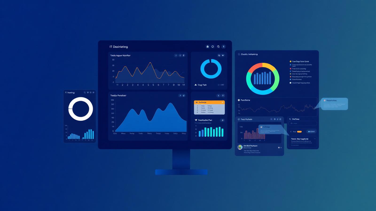 Painel de monitoramento de TI com gráficos, indicadores de disponibilidade e alertas